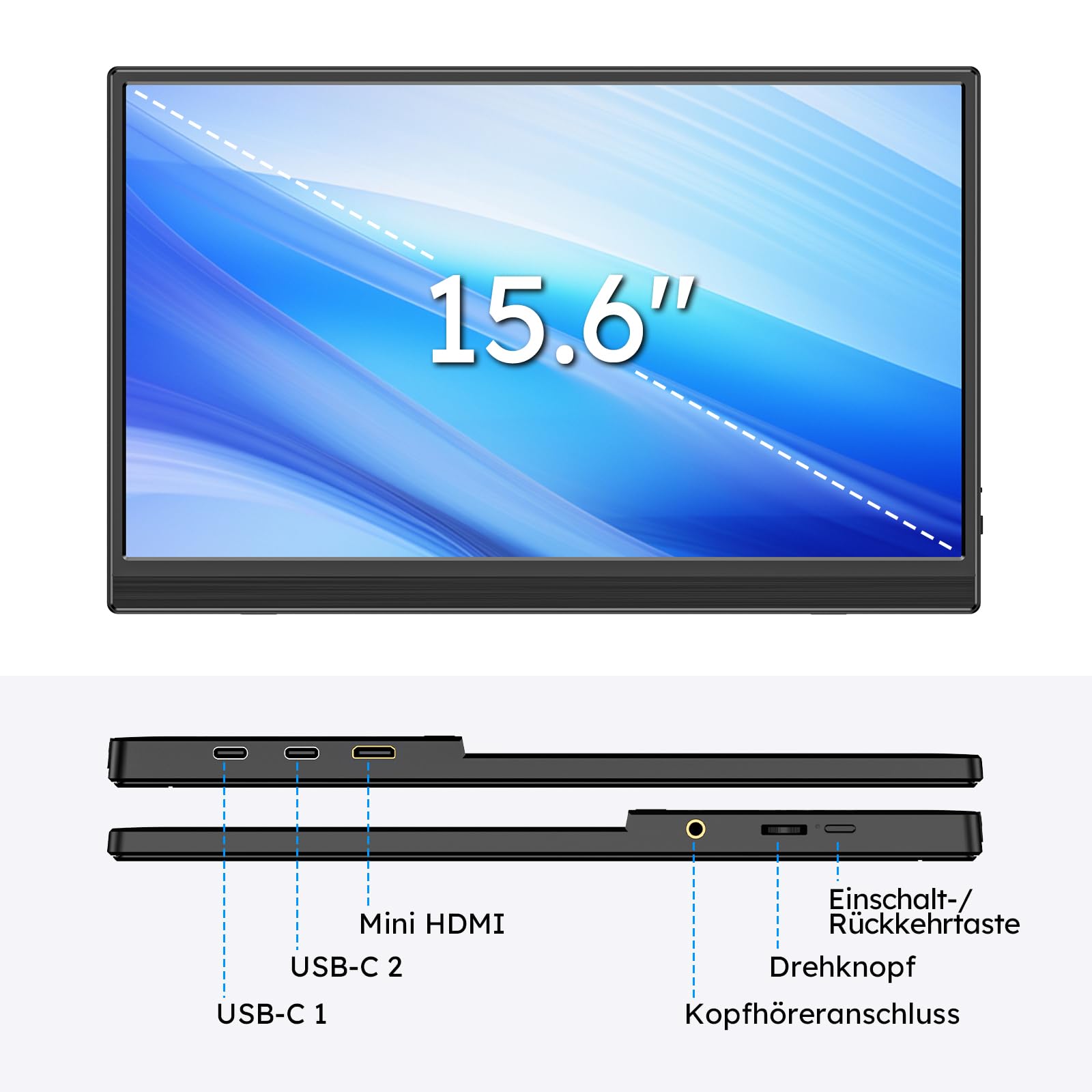 Przenośny monitor 15,6" ze stojakiem, FHD 1080p przenośny monitor do laptopa | Ultra-cienki monitor IPS z regulowaną podstawą i głośnikiem, USB-C i mini HDMI, do laptopa/komputera/Mac