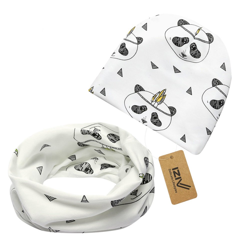 iZiv 2 PACK Cute Baby Hats Scarfs Infant Soft Cotton Hat and Scarf Set, Fashion Style Spring Autumn for 0-2 Years (Panda-1)