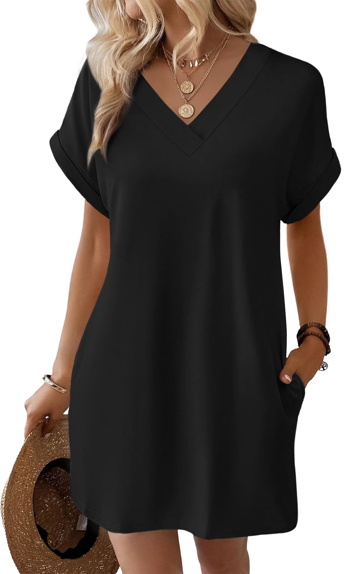 Cuptacc Robe Ete Femme Manches Courtes Robe de Plage Col en V Robe Tee Shirt Chic et Elegant avec Poches
