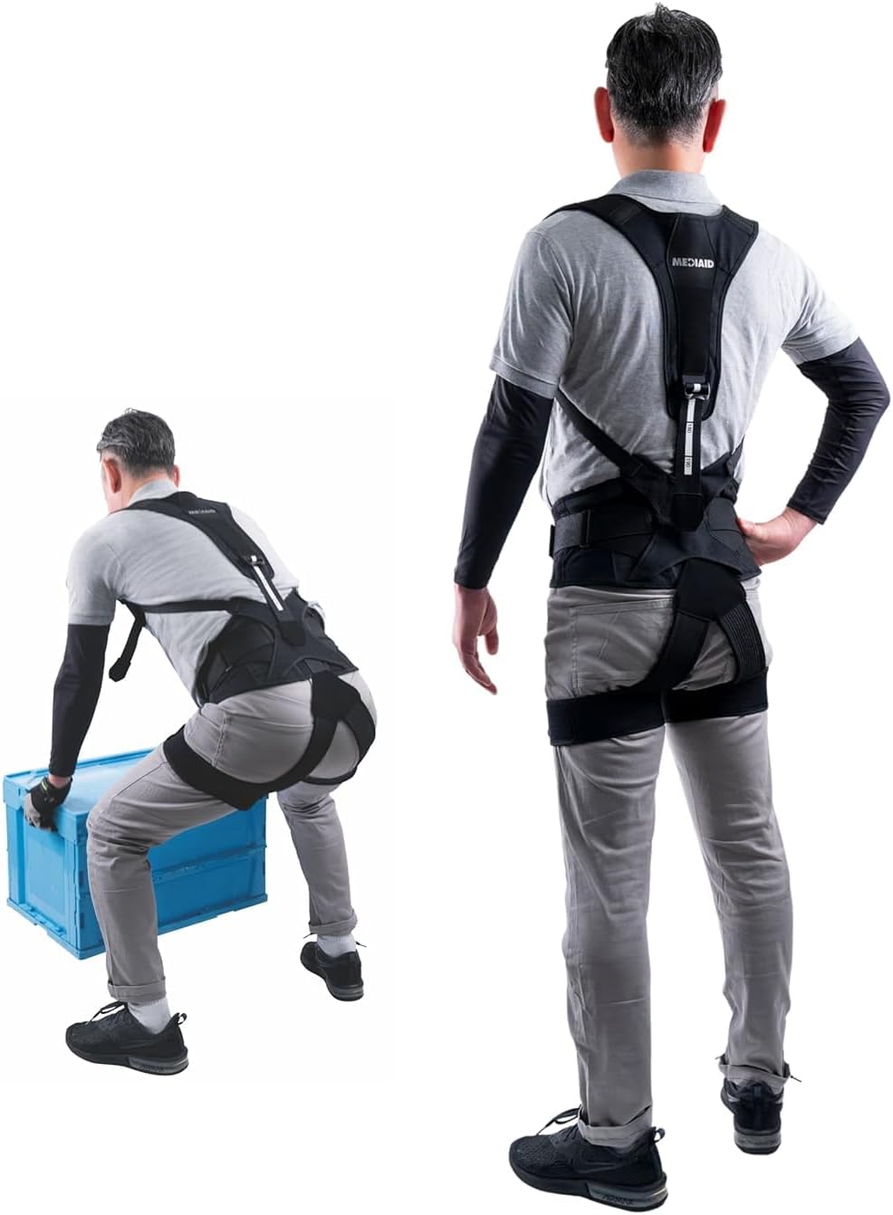 Industrial Exoskeleton Back Support Harness, Black Textile Full-Body Posture Brace for Heavy Lifting, Farming, Labor Work (X-Large)