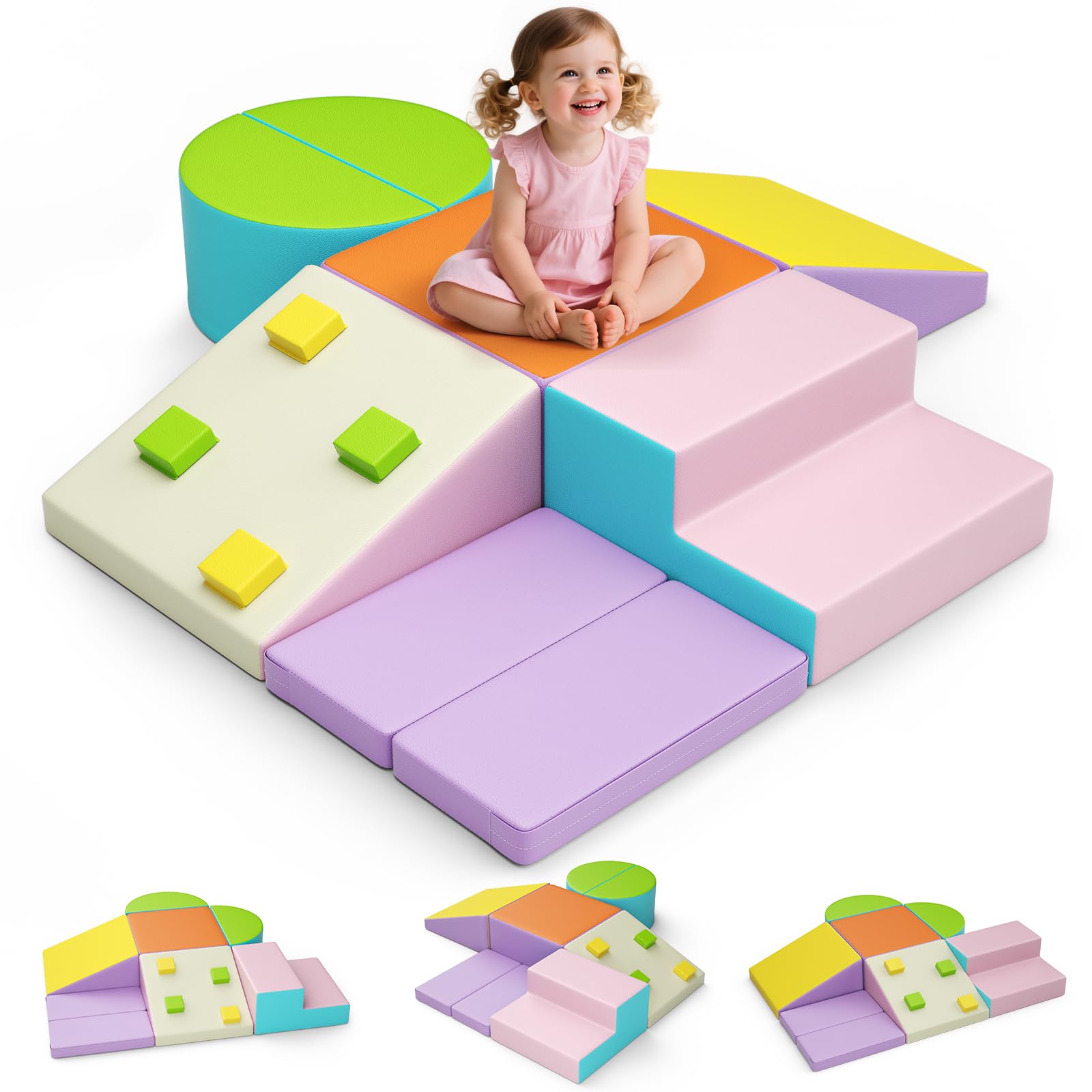 Blocchi da costruzione in schiuma per bambini, grandi blocchi da arrampicata per interni, telaio da arrampicata per bambini (colore maccherone-7 cover in pelle)