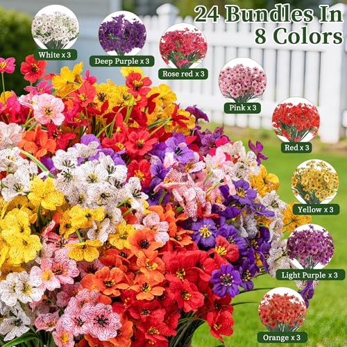24 Bundles Artificial Flowers for Outdoors/Indoors, Fake Flowers Plants for Indoor Outside Garden Porch Window Box Home Wedding Farmhouse(8 Color) image 8
