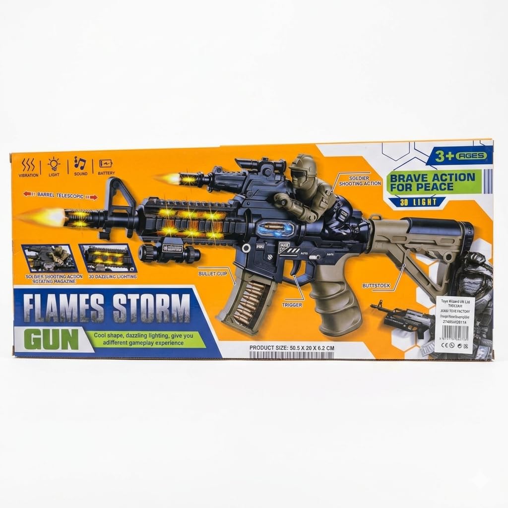 Flame Storm Gun Toy with Light Sound & Vibration, Battery Operated Shooting Toy Gun with Rotating Magazine, Bullet Clip, Soldier Design Action Toy for Boys Girls Age 3+