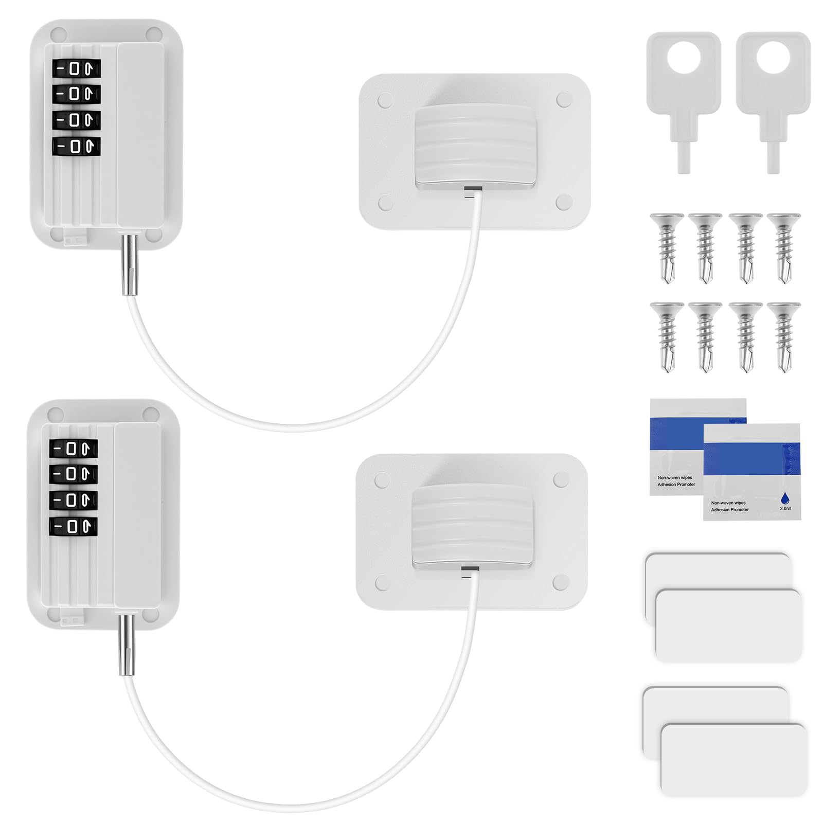 2Pcs Window Restrictors for UPVC, Child Baby Security Wire Cable Window Locks with Combination and Screws Keys, Self Adhesive or Drilling Windows Restrictor Refrigerator Lock for Pet Childproof(white)