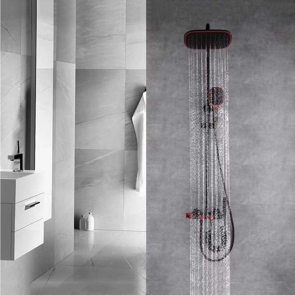 Sistema Doccia a Pioggia, Set Miscelatore Nero e Rosso, Rubinetto per Vasca a Parete con soffione, doccetta per Vasca, Bidet e doccetta combinata