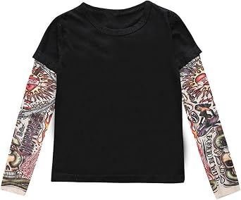 Unisex Boys Girls Cotton T-Shirt with Mesh Tattoo Sleeve Top Pullover Clothes
