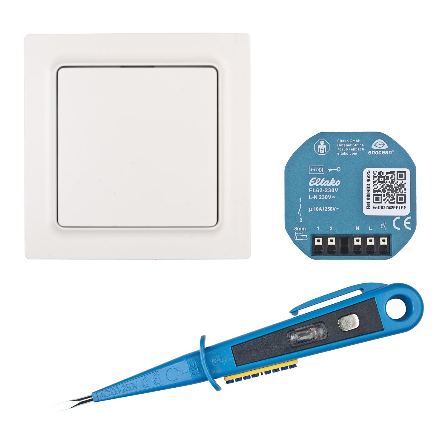 Smart Home Funk Schaltset für Licht 250V 10A mit batterie- und leitungslosem Wandtaster in drei Farben, Schaltaktor und GH24 Phasenprüfer (Wandtaster polarweiß matt)