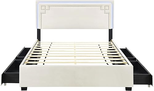 Miniatura 74 de Elegante cama con plataforma tapizada de terciopelo de tamaño Queen con cabecero, para niños, niñas y adolescentes (beige @cabecero/, Queen)