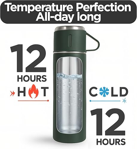Miniatura 5 de Juego de botellas verdes al vacío, botella de agua aislada de acero inoxidable con 3 tazas, botella de agua térmica para bebidas calientes y frías,