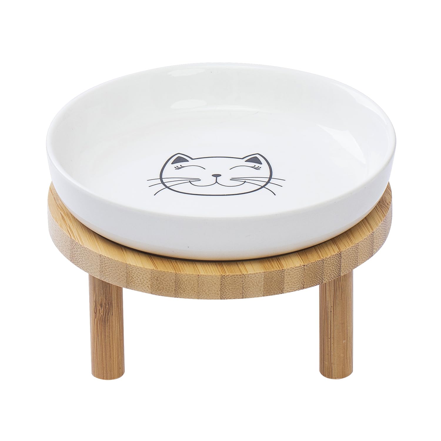 Lusifaco Shallow Elevated Cat Bowls, 15 cm Wide Raised Ceramic Cat Dishes with Bamboo Stand, Whisker Friendly Pet Water or Food Plates Feeding Station for Indoor Cats, Kitten(set of 1))