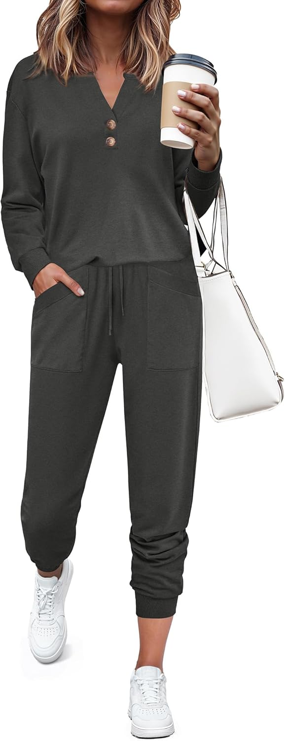 SHESHOW Women Two Piece Outfits Lounge Sets V-neck Button Down Sweatshirt High Waisted Joggers Trendy Tracksuit S-XXL - Image 2