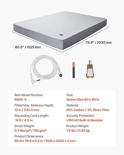 Miniatura 7 de VEVOR Grounding - Sábanas bajeras, tamaño Queen, 95% algodón + 5% fibra de plata pura, sábanas bajeras con conexión a tierra y probador, para