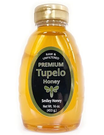 Smiley Honey, Premium Tupelo Honey Raw and Unfiltered, Higher Quality, Darker, Higher Tupelo Content 16 oz