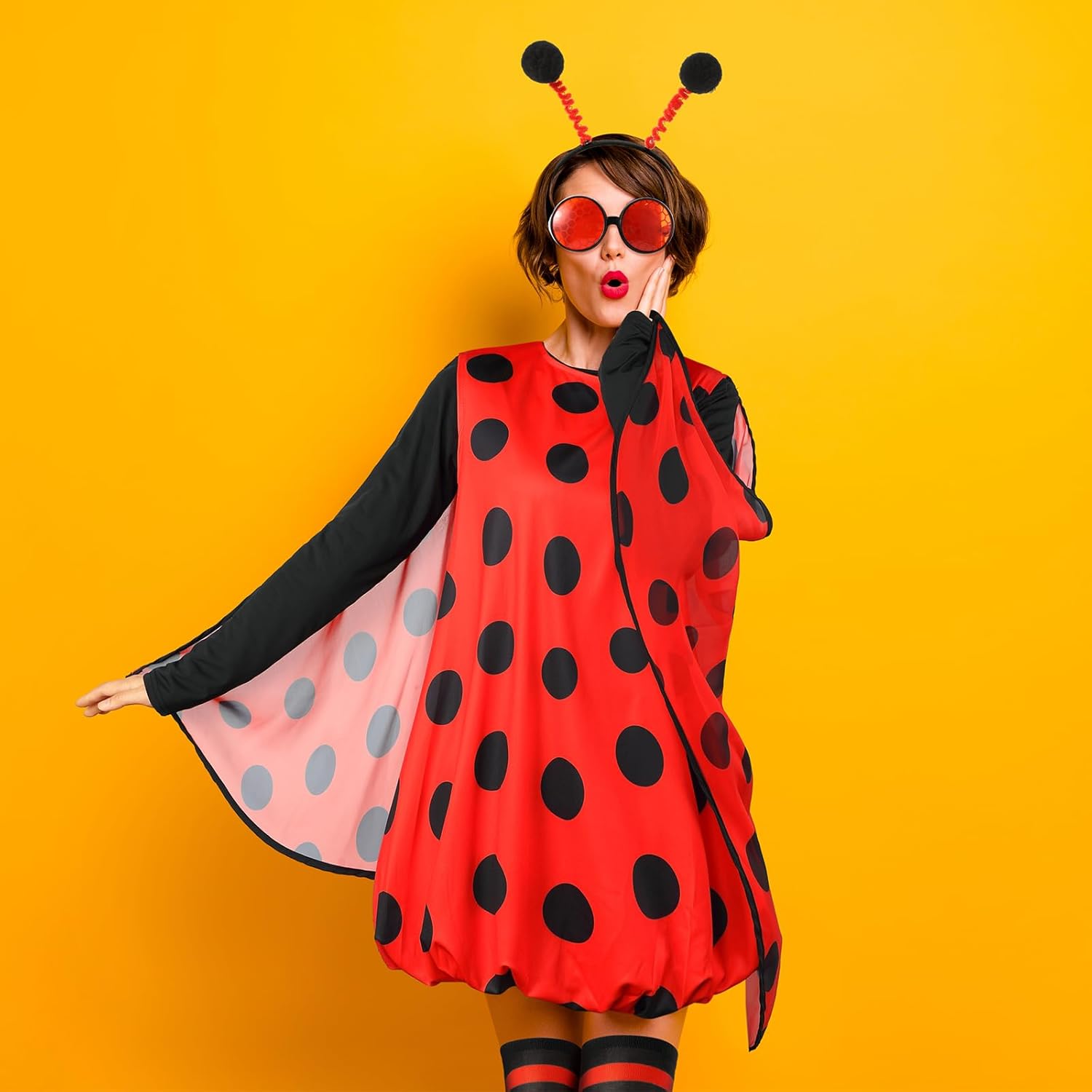 Shihanee 5 Pack Halloween Women Ladybug Costume Set with Cosplay Ladybug Wing Dress Headband Glasses Long Sleeve Top Socks - Image 3