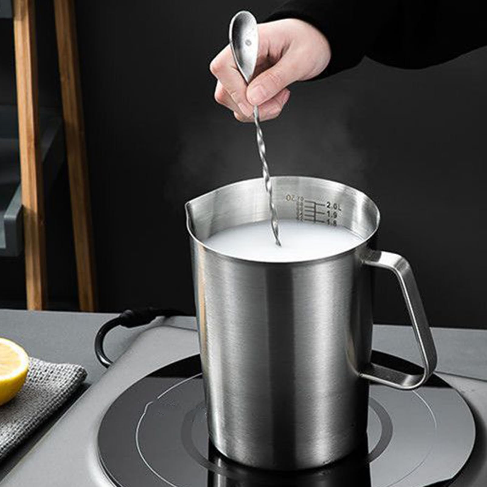 Espumador de leche para café, vaso espumador de leche, vaso medidor portátil de 2 litros, de acero inoxidable, para bebidas, brunch, cafés, capuchino, café con leche espumada, espresso, utensilios de