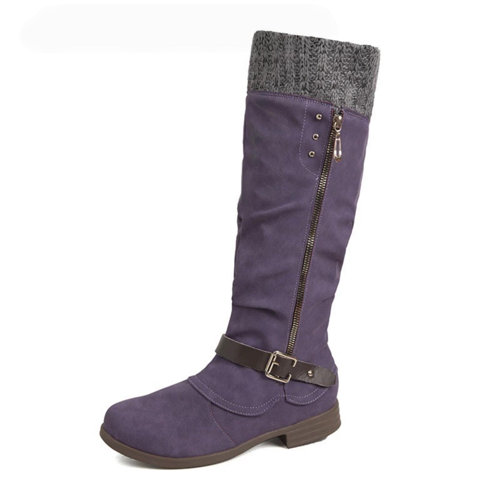 Knee High Boots for Women Wide Calf Mid Calf Sweater Knitted Ruched Cuff Snow Boots Casual Pull On