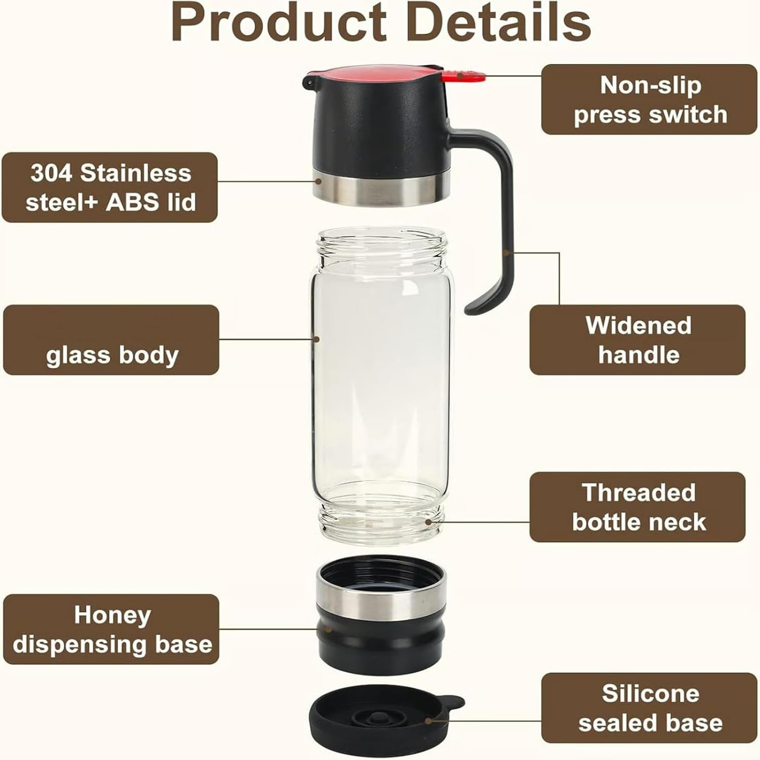 2026 Boutique Kitchen Tool, Honey Dispenser No Drip with Base, 12oz Glass Honey Jar Pot with Handle, Honey Container for Coffee or Tea, Press Type Drips Dispenser for Honey Syrup Chocolate(Yellow)