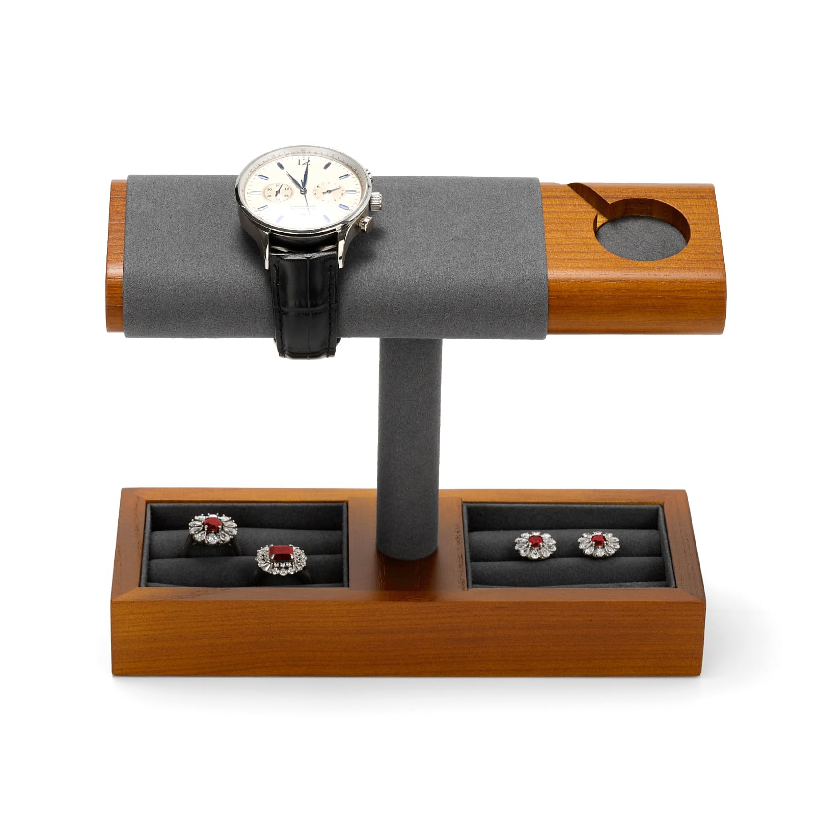 ANVLOJRIH T-Shaped Multifunctional Watch Stand in Charcoal Grey Display Holder with Charging Slot for Watches, Bracelets and Rings