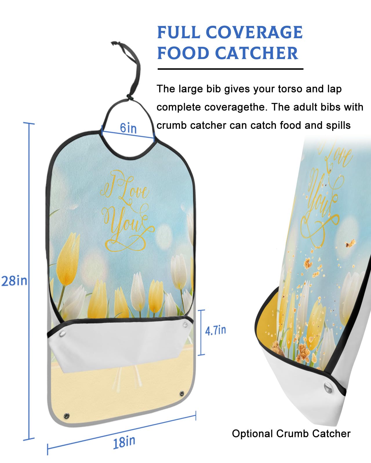 Kewadony Adult Bibs for Elderly Women - Tulip Spring Waterproof Dining Clothing Protectors with Crumb Catcher for Eating/Feeding, Yellow Flowers Terry Cloth Bib Machine Washable