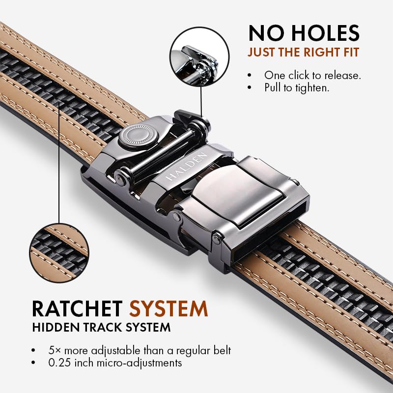 Image of HALDEN THEO Tan Belt For Men Leather Original (Adjustable Fits Up to 44 Inch Waist) Ratchet Strap with Classic Buckle & Magnetic Auto-lock