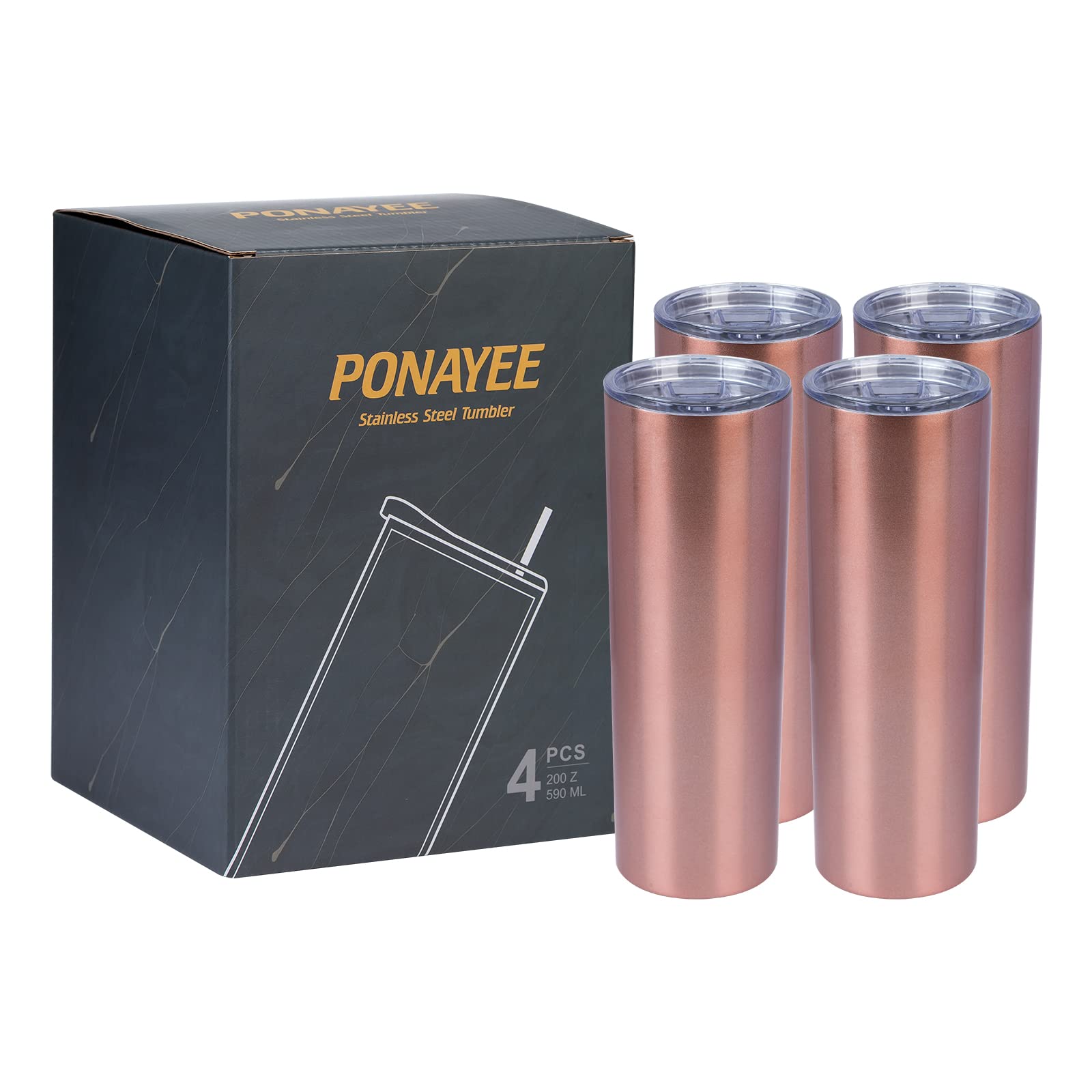 Skinny Reisebecher, 590 ml, 4 Stück, Edelstahl, schmale Trinkgläser mit Deckel, Strohhalm, doppelwandig, isoliert, schmal, für Kaffee, Wasser, Tee, Roségold