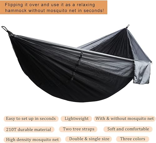 Miniatura 6 de AnorTrek Hamaca de camping con mosquitera, doble y individual ligera hamacas portátiles con correas de árbol, hamaca de paracaídas para camping,