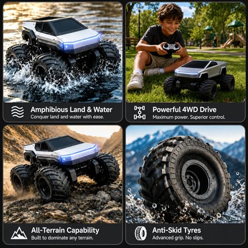 Image of GRAPHENE 1:18 Scale 4WD Amphibious Remote Control Drift Car Waterproof RC Monster Truck 360 Stunt Rotation 2.4GHz Rechargeable Off-Road Rock Crawler LED Lights All Terrain Cyber Truck for Boys Girls