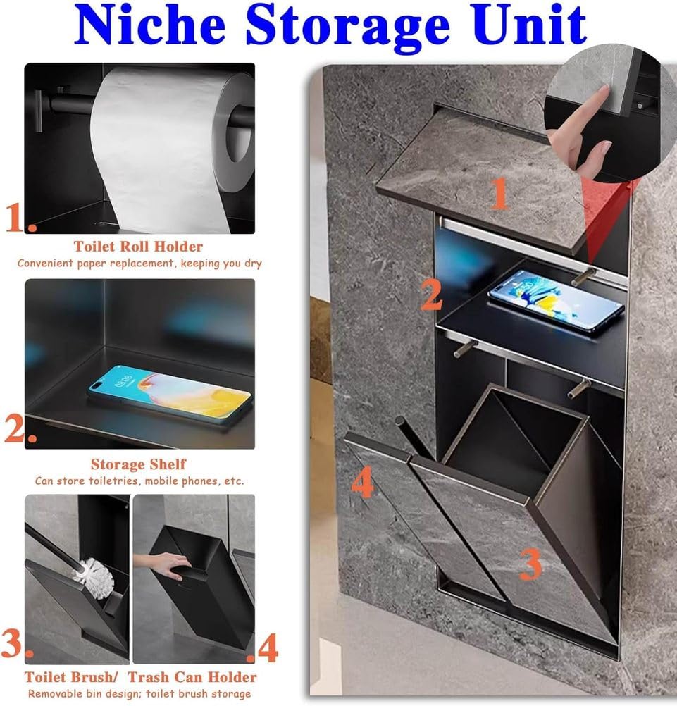 Unterputz Toilettenpapierhalter Befliesbar, Unterputz Wc Modul Befliesbar Toilettenpapier mit MüLleimer, Nische Aus Edelstahl 304, für Badezimmer, Ohne Fliesen