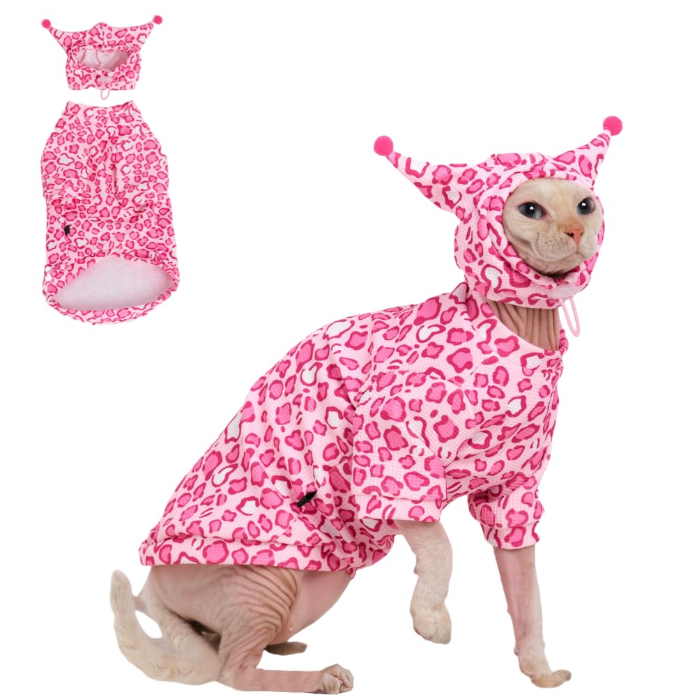 GigglyHouse Sphynx Cat Clothes, Cat Suit with Hat and Sweatshirt, Full Set for Hairless Cats, Cornish Rex and Devon Rex (Pink Suit, XL(9-10lbs))