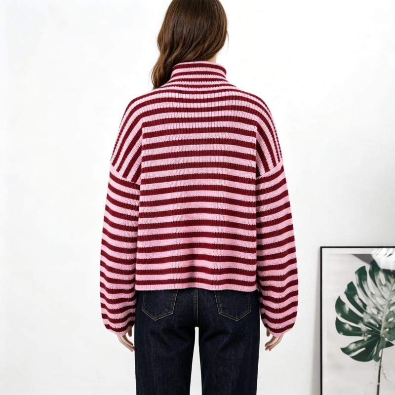 Gilet Cardigan Rayé Zippé pour Femme en Maille Douce À Manches Longues Style Pull Oversize Décontracté Léger Et Confortable Idéal pour L'Oktoberfest Le Bureau Les Voyages Et Le Quotidien en A