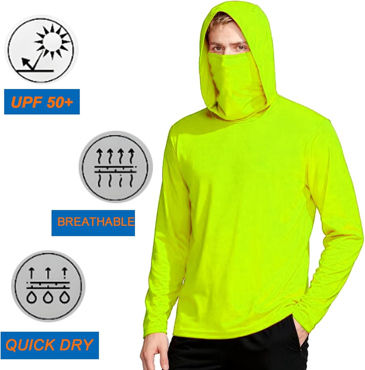 LeeHanTon Men's Long Sleeve Shirts with Mask UPF 50+ Sun Protection Cooling Hoodie Fishing Shirt Hiking Cycling T-Shirts