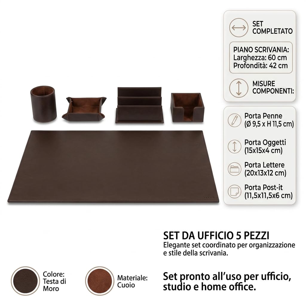 DiKasa Set da Ufficio in Cuoio Testa di Moro 5 Pezzi, Sottomano Scrivania con Porta Penne Porta Lettere Porta Oggetti e Porta Post-it, Kit Accessori Elegante per Studio e Ufficio