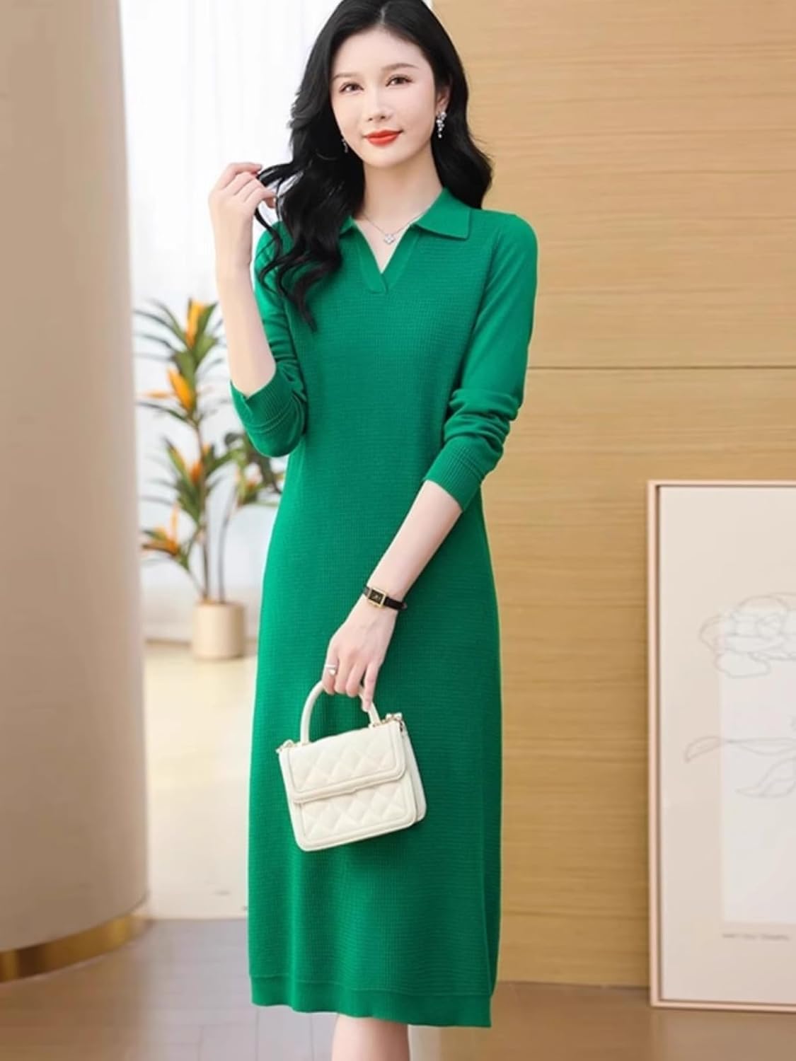 LIXINGHEITANG Spring and Autumn Collar Dress Women's Long Over-The- Loose Casual Lapel Slim Knitted Sweater