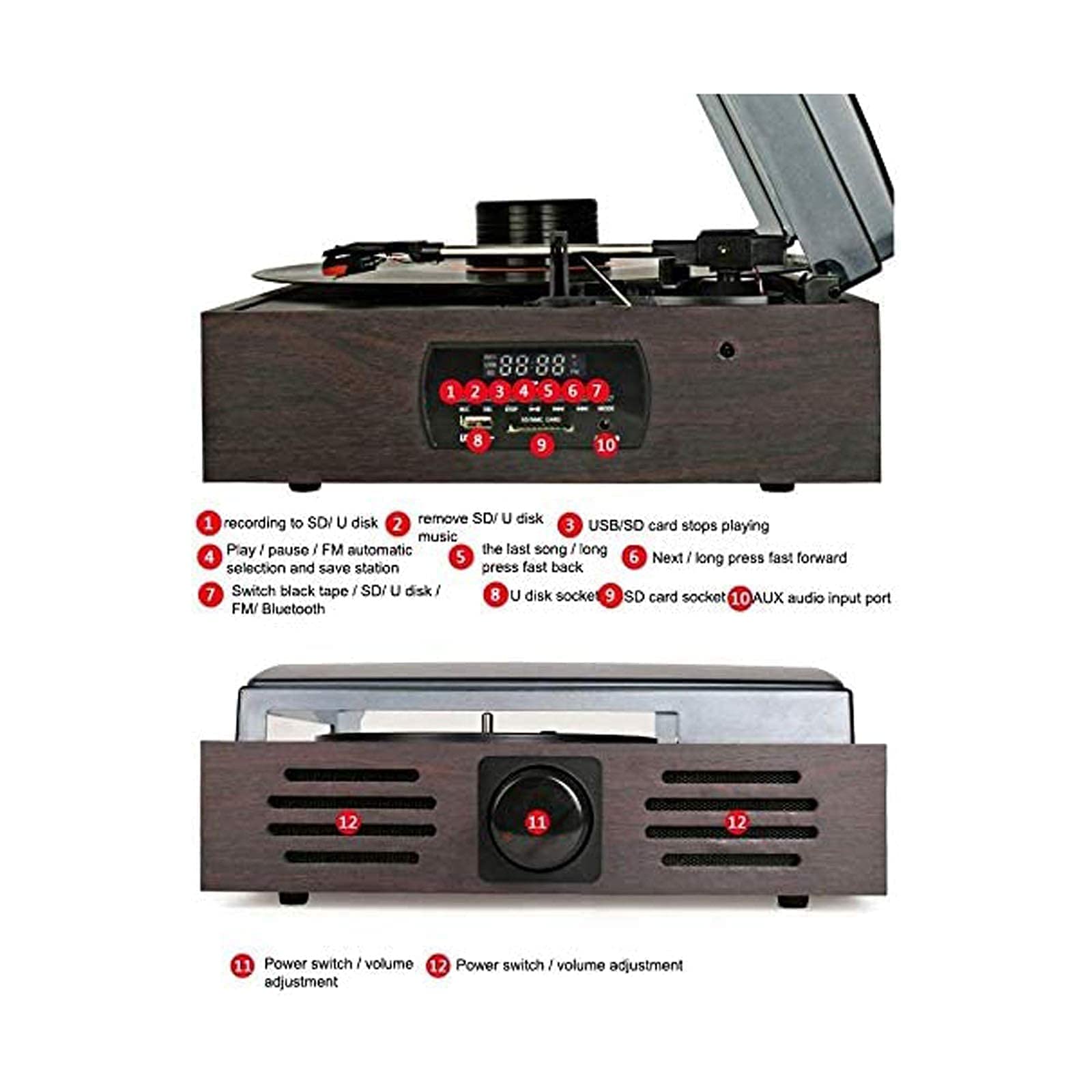 Giradischi in vinile retrò radio fonografo – lettore LP multifunzionale con registrazione USB, Bluetooth e altoparlanti integrati per gli appassionati di musica