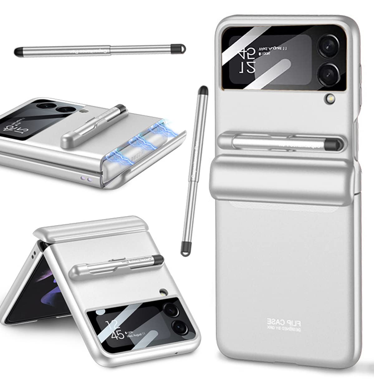 Miimall Compatible with Samsung Galaxy Z Flip 3 Case with S Pen, [Magnetic Hinge Cover] [Tempered Glass Camera Screen Protector] Shockproof Hard PC Full Protective Cover for Z Flip 3-Silver