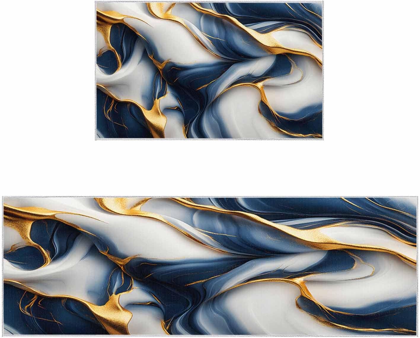 2 Pieces Kitchen Rugs and Mats,Abstract Gold Blue Artwork Area Runner Rug Set Non Slip Floor Doormat Washable Carpet Standing Mat for Kitchen Sink Indoor Corridor,Modern Marble Texture Fluid Art