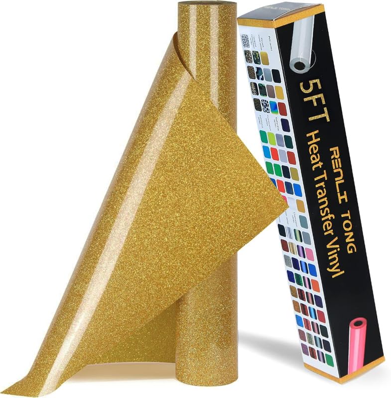RENLITONG Gold Glitter HTV Heat Transfer Vinyl Rolls - 12 Inch x 5 feet Iron on Vinyl for T-Shirt and Silhouette, Easy to Cut &amp; Weed for Heat Transfer Design (Glitter Gold)