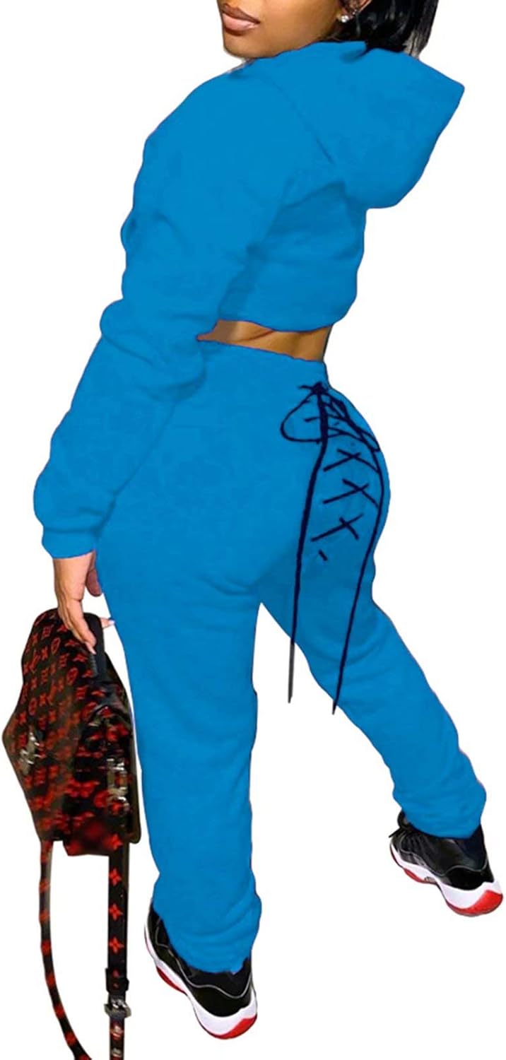 Neyaolk Womens Outfits Sweatshirt Tracksuit - Long Sleeve Cropped Hoodie Bodycon Lace Up Back Pant Set Sweatsuit