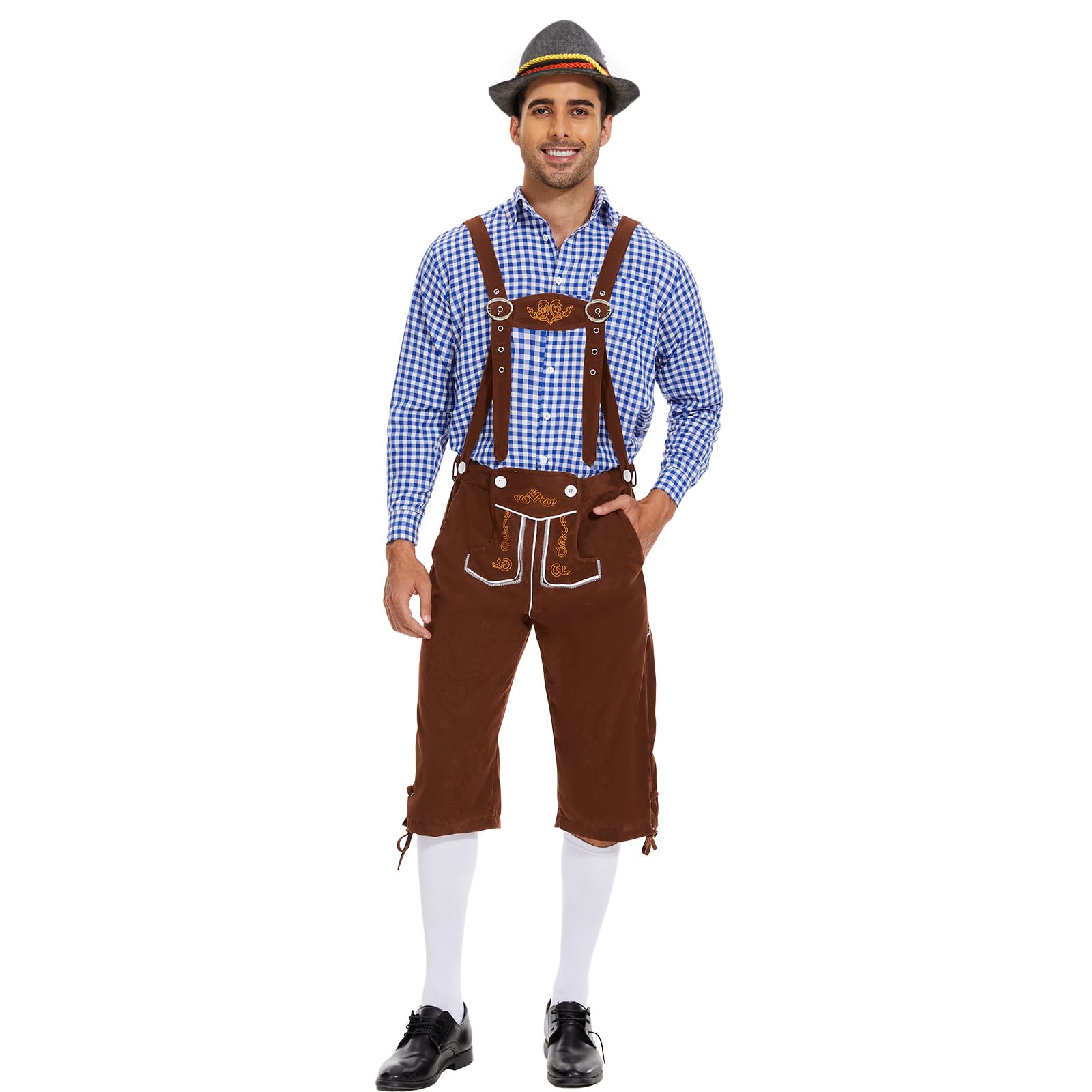 Costume Oktoberfest Uomo IEEILULU – Completo Bavarese Con Camicia A Quadri, Bretelle, Cappello E Calze – Perfetto Per Feste E Wiesn