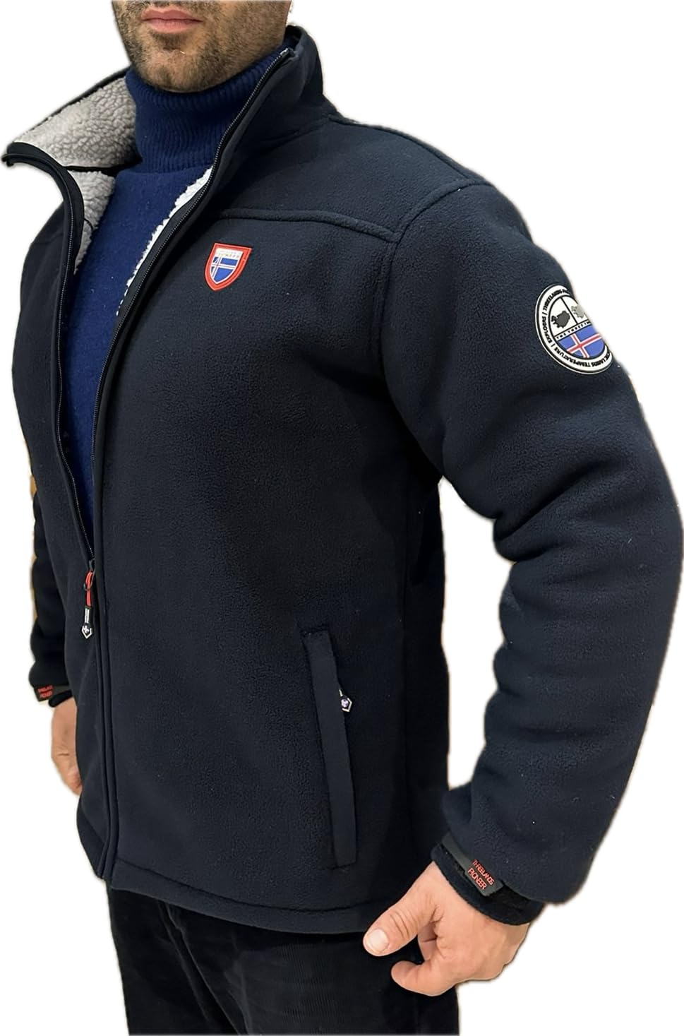 Giacca Invernale da Uomo in pile Imbottito di pelliccia ecologica, cappotto con zip elegante e Fodera calda, blu e nero DEFENDER