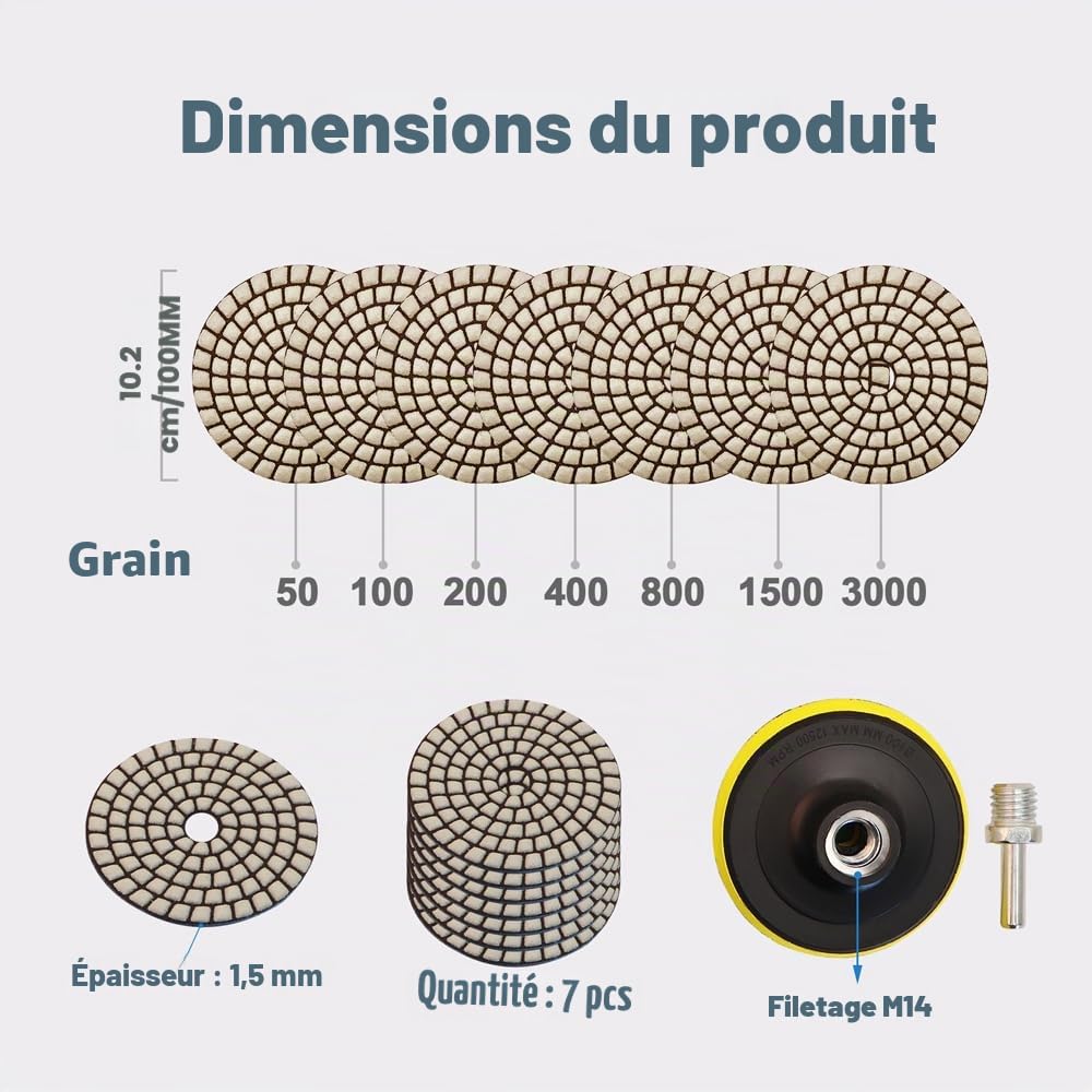 HIGHDRIL Lot de 7 tampons de polissage diamantés secs #50-3000 M14 pour marbre granit