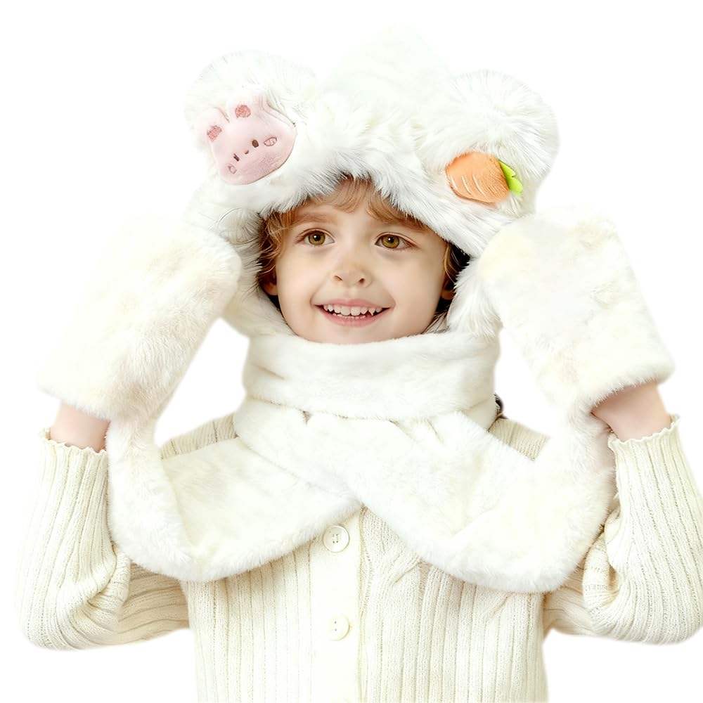 Hymbcfw Women's Pink-8 Rabbit Hat Scarf Gloves Set, Scarf With Mitten For Winter Warm Faux Fur Scarfs Hat Gloves Combo For Girls Boys Children Aged 4-10