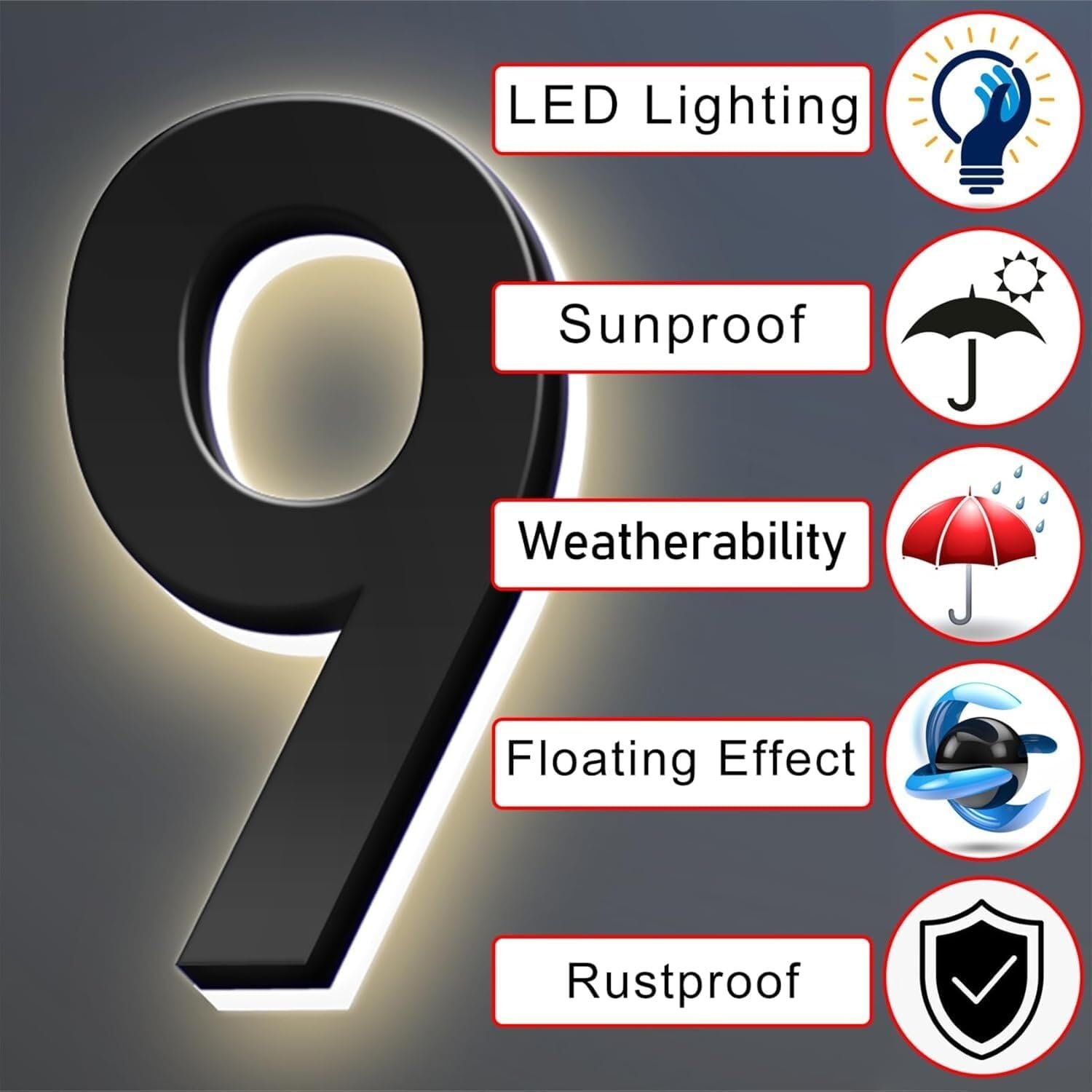 Numery domów, numery domów podświetlane diodami LED, podświetlane nowoczesne numery domów, podświetlane numery domów na zewnątrz.(I,6 cala/150 mm)
