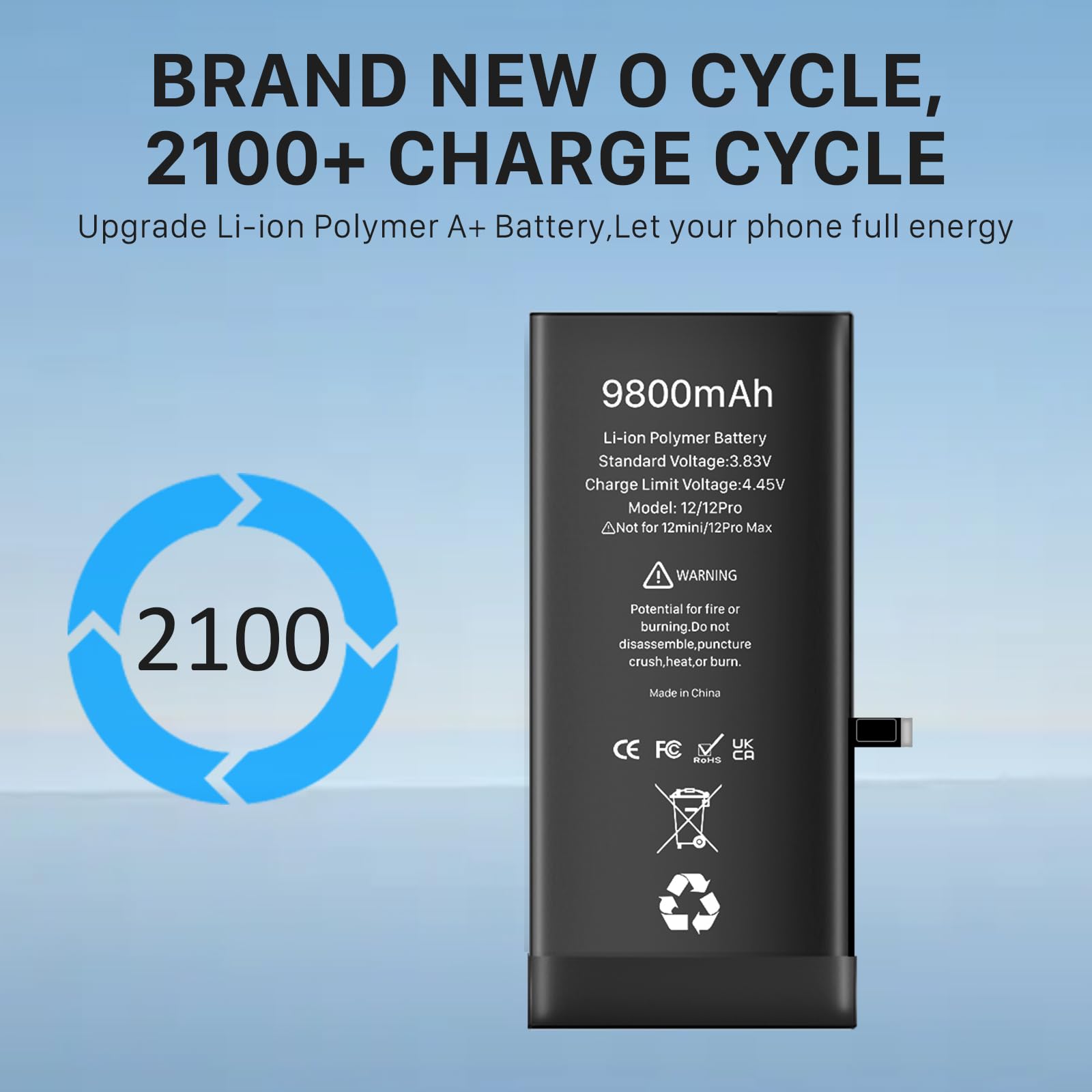 Akku für iPhone 12/12 Pro, 9800mAh Neues Upgrade Hochkapazitäts ErsatzAkku für iPhone 12/12 Pro, A2172, A2402, A2403, A2404,A2341, A2406, A2408, A2407 mit Reparatur-Werkzeug-Kit