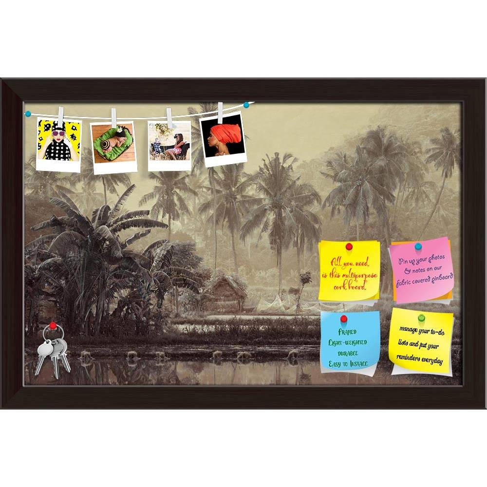 ArtzFolio Wooden House in a Tropical Forest | Bulletin Board Notice Pin Board | Vision Soft Board Combo with Thumb Push Pins & Sticky Notes | Dark Brown Frame | 18 x 12 inch (46 x 30 cms)