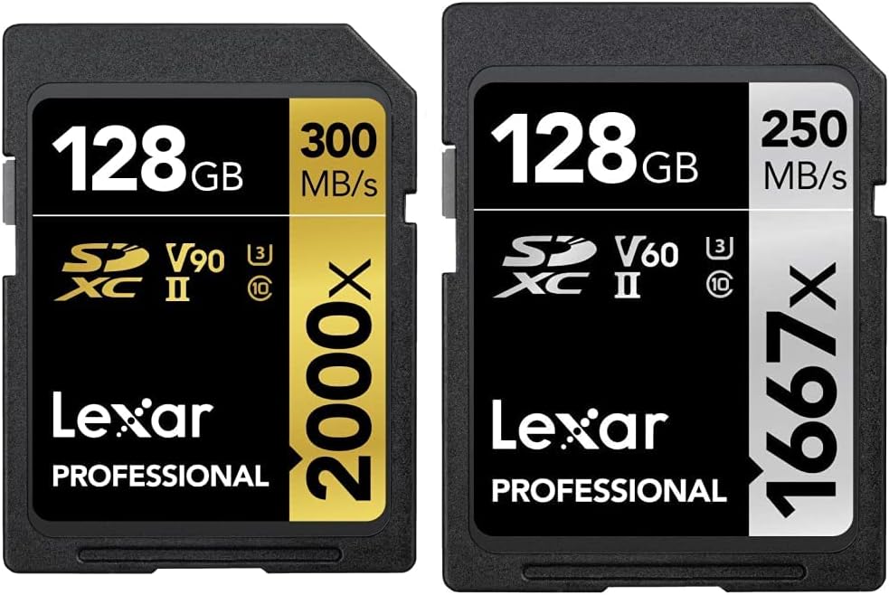 Lexar Professional 2000x 128GB SDXC UHS-II Card, Up to 300MB/s Read (LSD2000128G-BNNNU) with 1667X 128GB SDXC Uhs-II/U3 Card (LSD128CBNA1667)