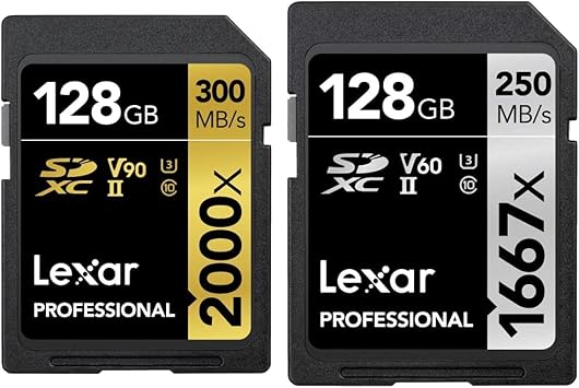 Lexar Professional 2000x 128GB SDXC UHS-II Card, Up to 300MB/s Read LSD2000128G-BNNNU with 1667X 128GB SDXC Uhs-II/U3 Card LSD128CBNA1667