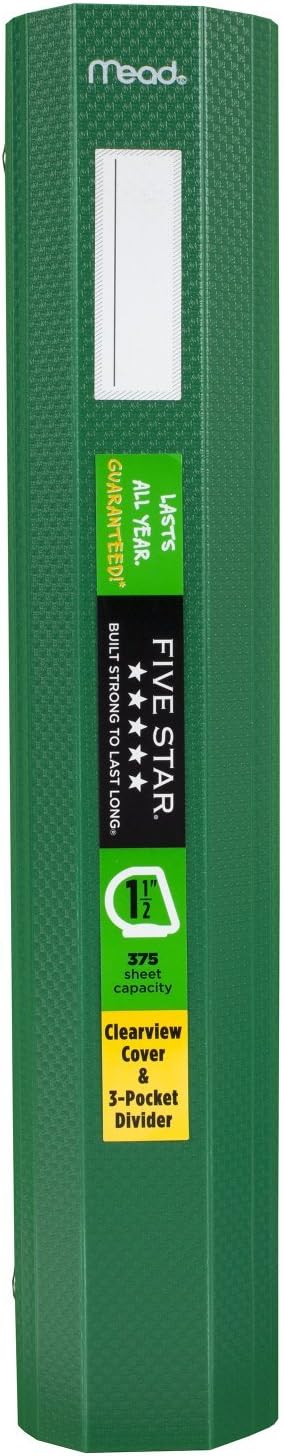 Five Star 1-1/2 Inch 3 Ring Binder, View Binder, Customizable Cover, Green (73367)