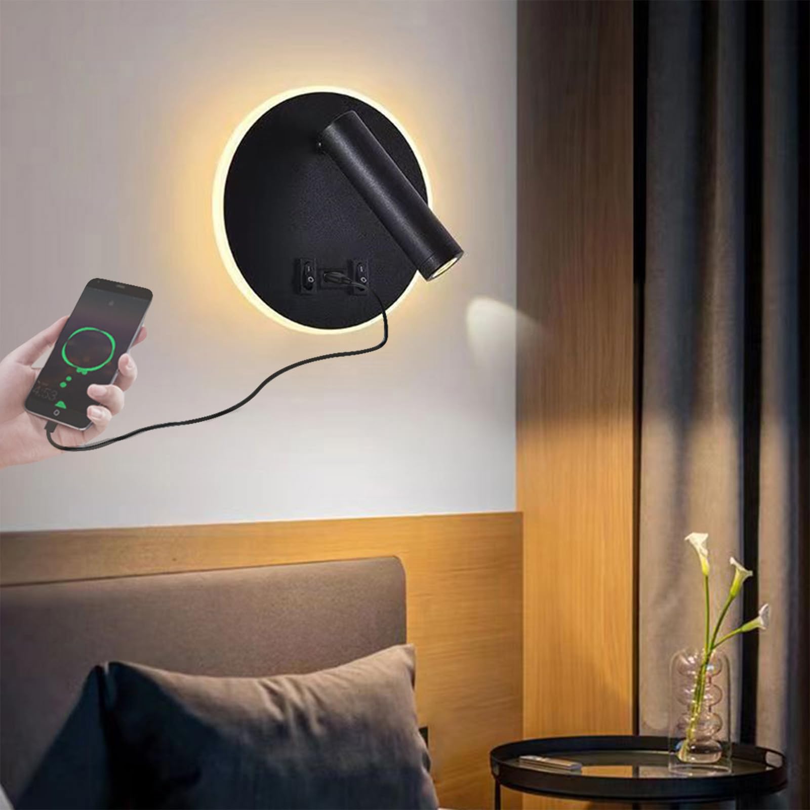 Iluminación de pared interior LED de diseño orbicular negro con ángulo ajustable e interruptor 8