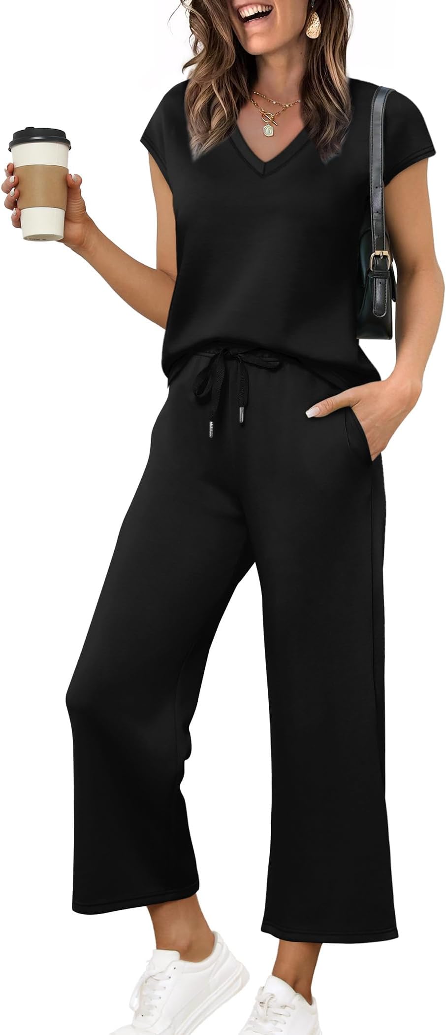 Two Piece Sets for Women Summer Outfits Lounge Sets V Neck Tops Wide Leg Pants Woman Vacation Travel Outfits